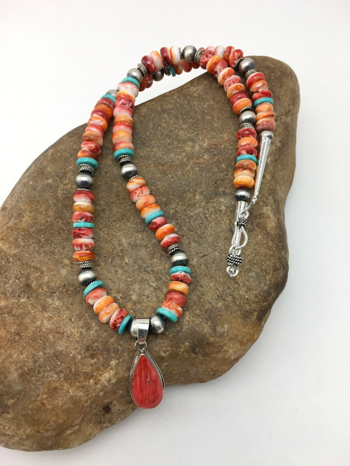 Spiny Oyster Pendant Turquoise Navajo Sterling Silver Necklace 19" 4522