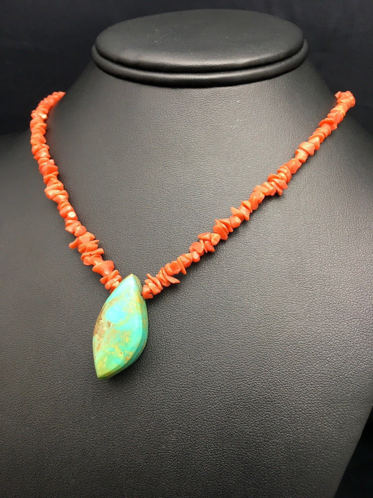 Native American Turquoise Pendant Coral Brass Old Pawn Necklace 19" 04005