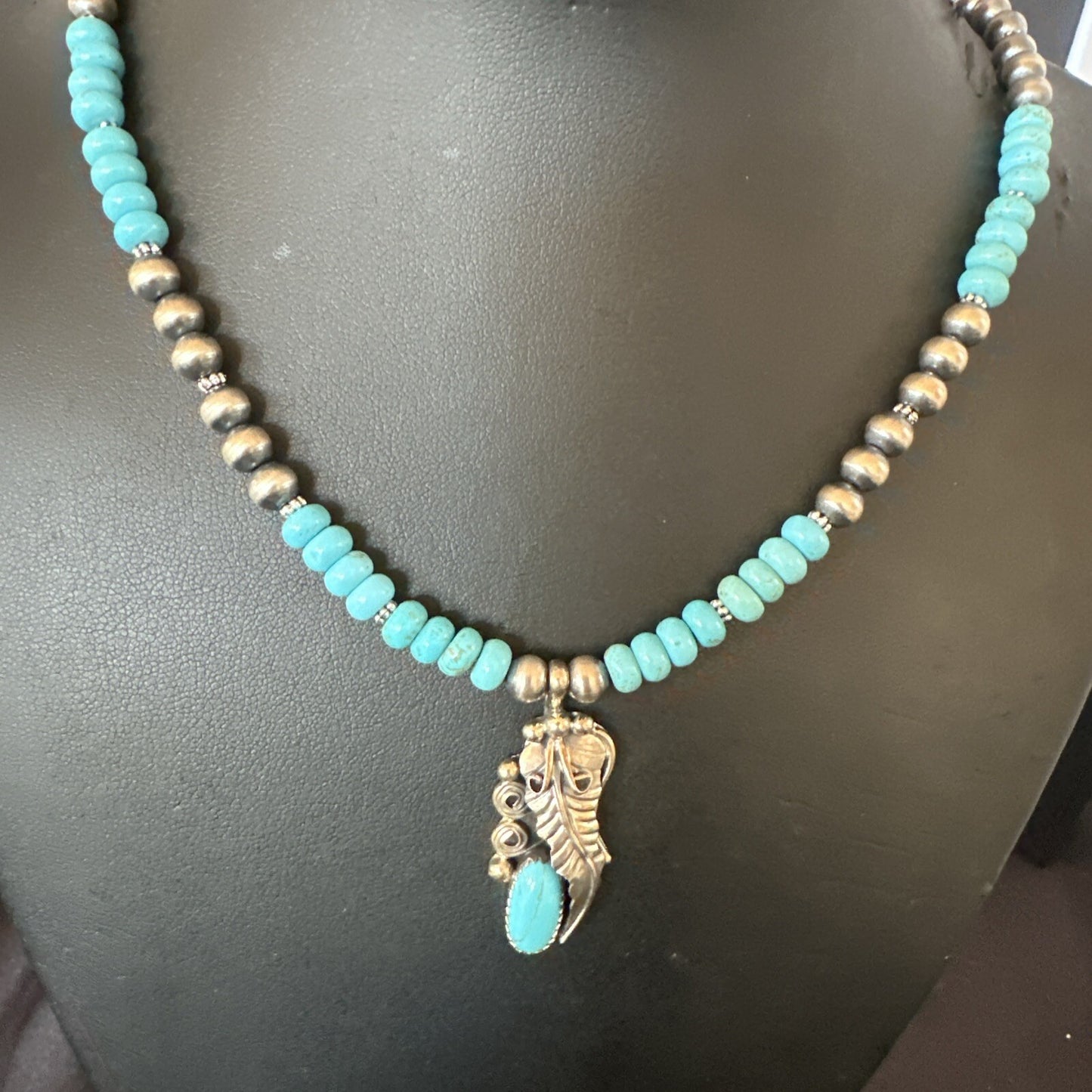 Mens Feather Turquoise Pendant Navajo Sterling Silver Necklace 18061