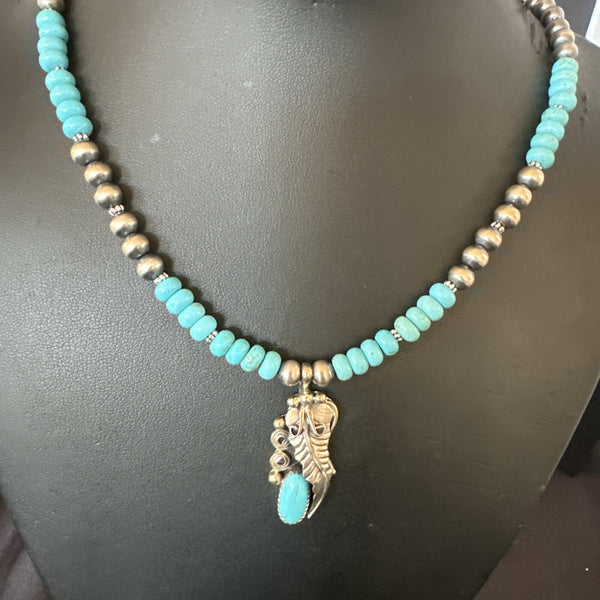 Men's Feather Turquoise Pendant Navajo Necklace | Sterling Silver | Authentic Native American Handmade | 18061
