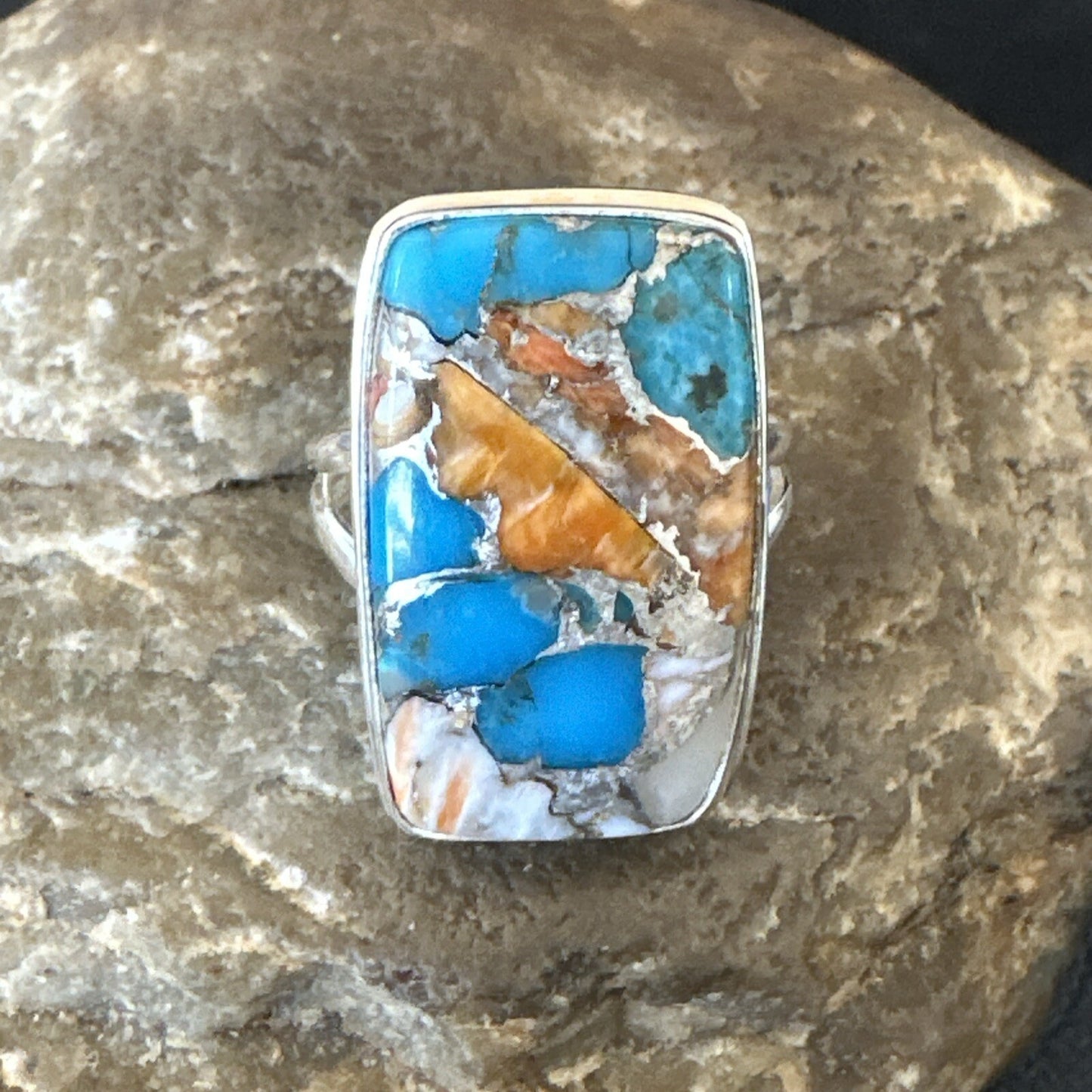 Blue Turquoise Spiny Oyster Southwestern Sterling Silver Ring Size 11 18452