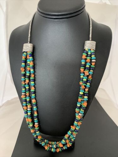 Multi-Color Green Turquoise Spiny Lapis Necklace Sterling Silver 01959