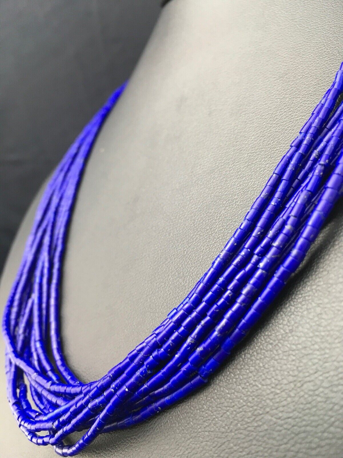 Navajo Stabilized Lapis Lazuli 10 Strand Sterling Tube Heishi Necklace 19" 4358