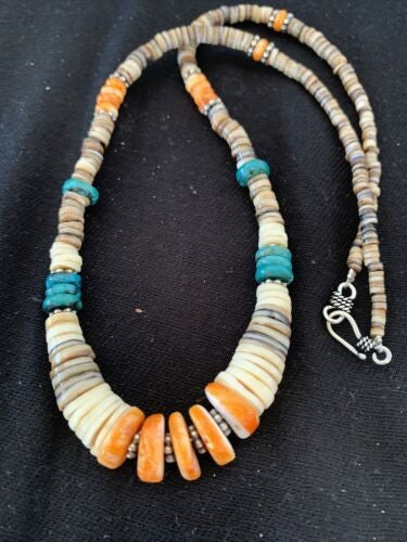 Navajo MultiColor Shell Necklace Sterling Silver Graduated 20" 927