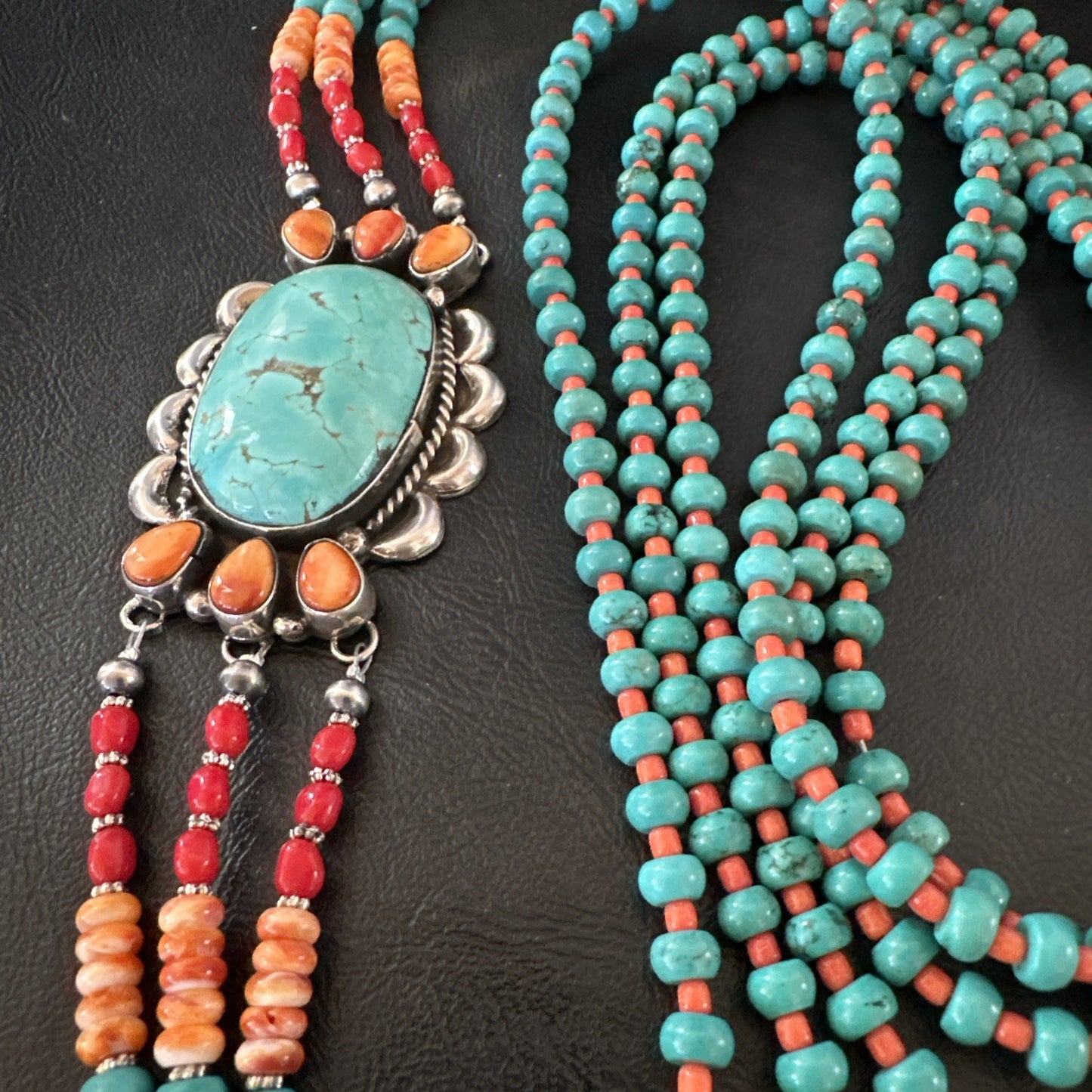 XL Statement Green Turquoise Spiny Navajo 3S Sterling Silver Necklace 34” 19676