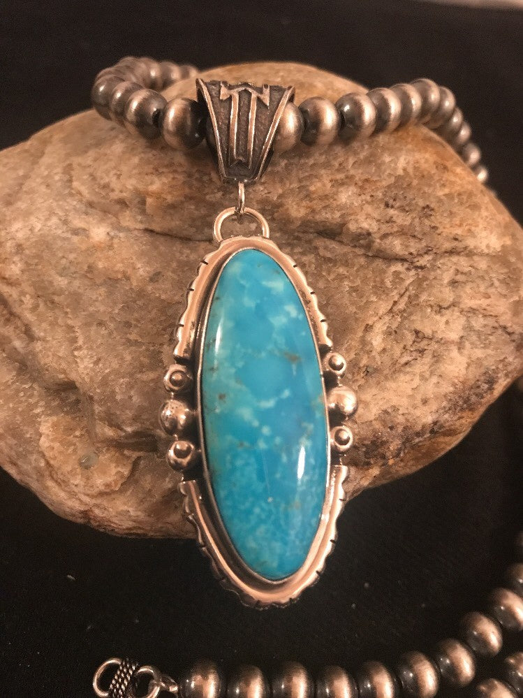 Yazzie Blue Turquoise 2.5" Pendant Navajo Pearls Sterling Silver Necklace 3232
