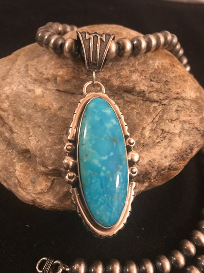Yazzie Blue Turquoise 2.5" Pendant Navajo Pearls Sterling Silver Necklace 3232