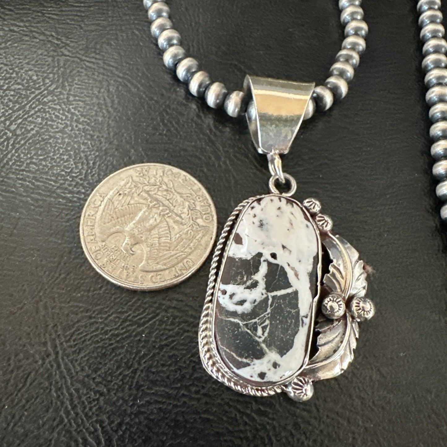White Buffalo Turquoise Pendant Navajo Pearls Sterling Silver Necklace 19346