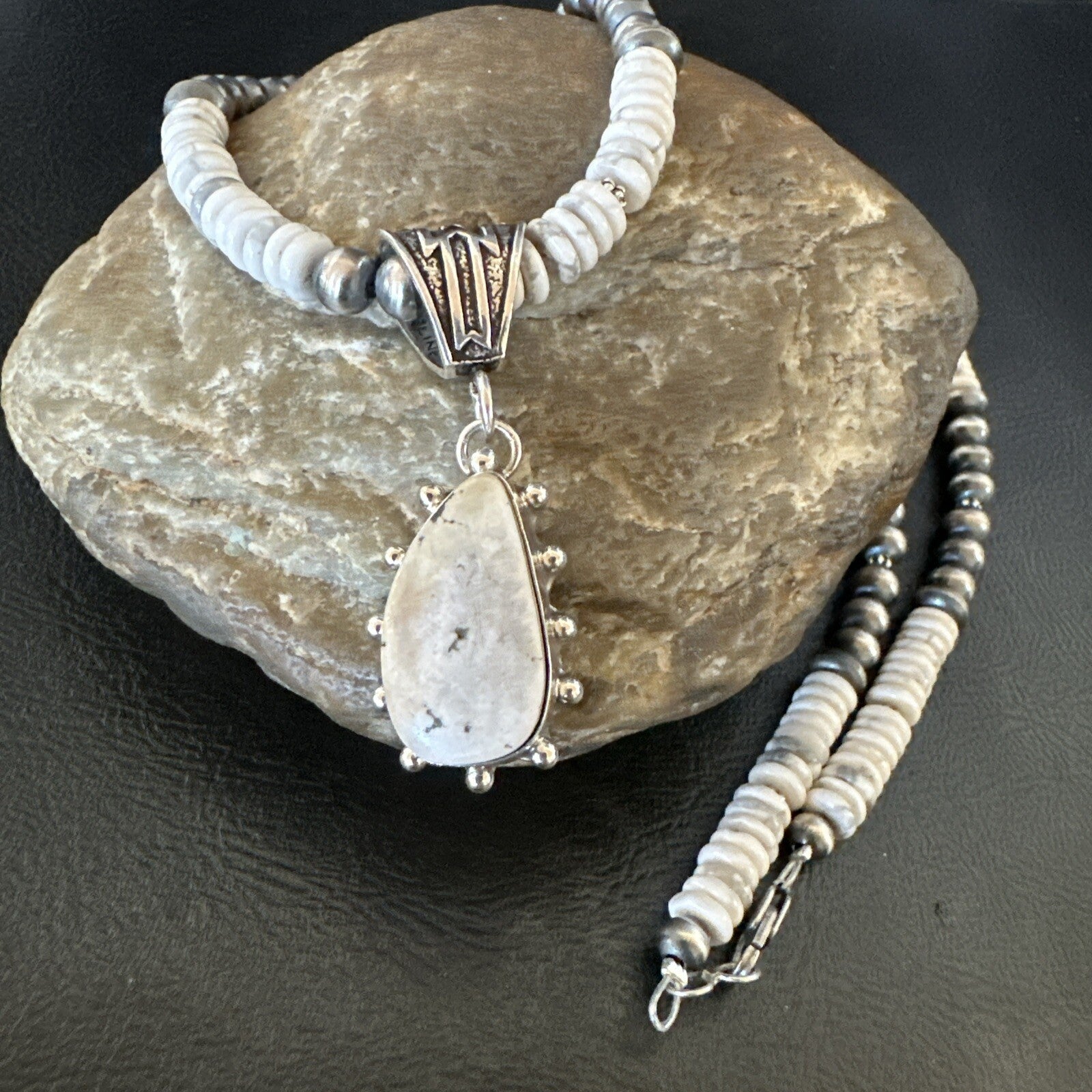White Buffalo Turquoise Pendant Navajo Pearls Sterling Silver Necklace 22" 18261