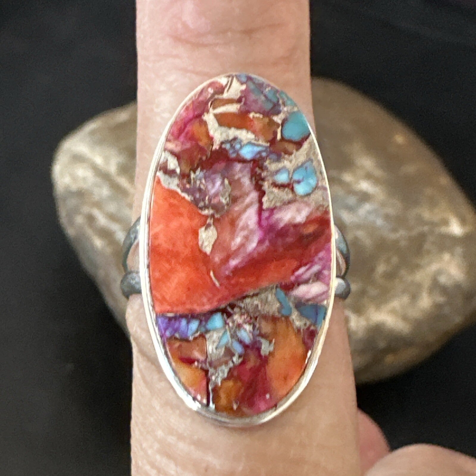 Blue Turquoise Spiny Oyster Southwestern Sterling Silver Ring Size 8 18481