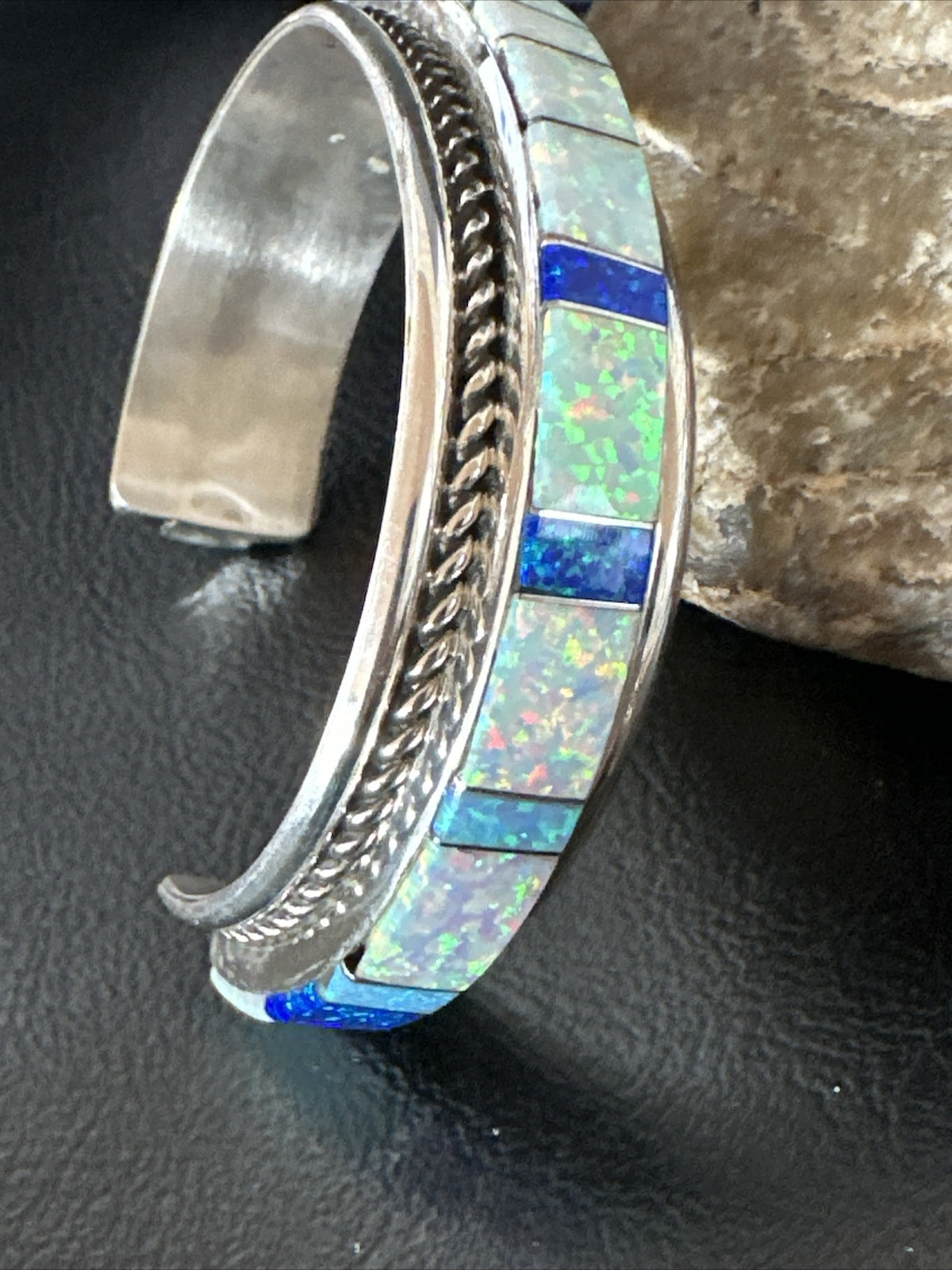 Blue Lapis Opal Zuni Sterling Silver Cuff Inlay Bracelet 17956