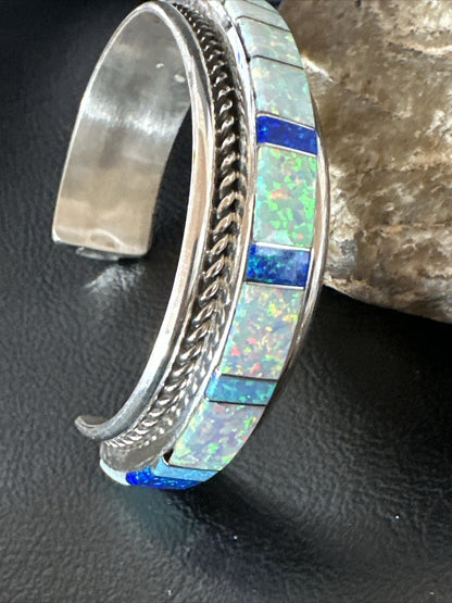 Blue Lapis Opal Zuni Sterling Silver Cuff Inlay Bracelet 17956