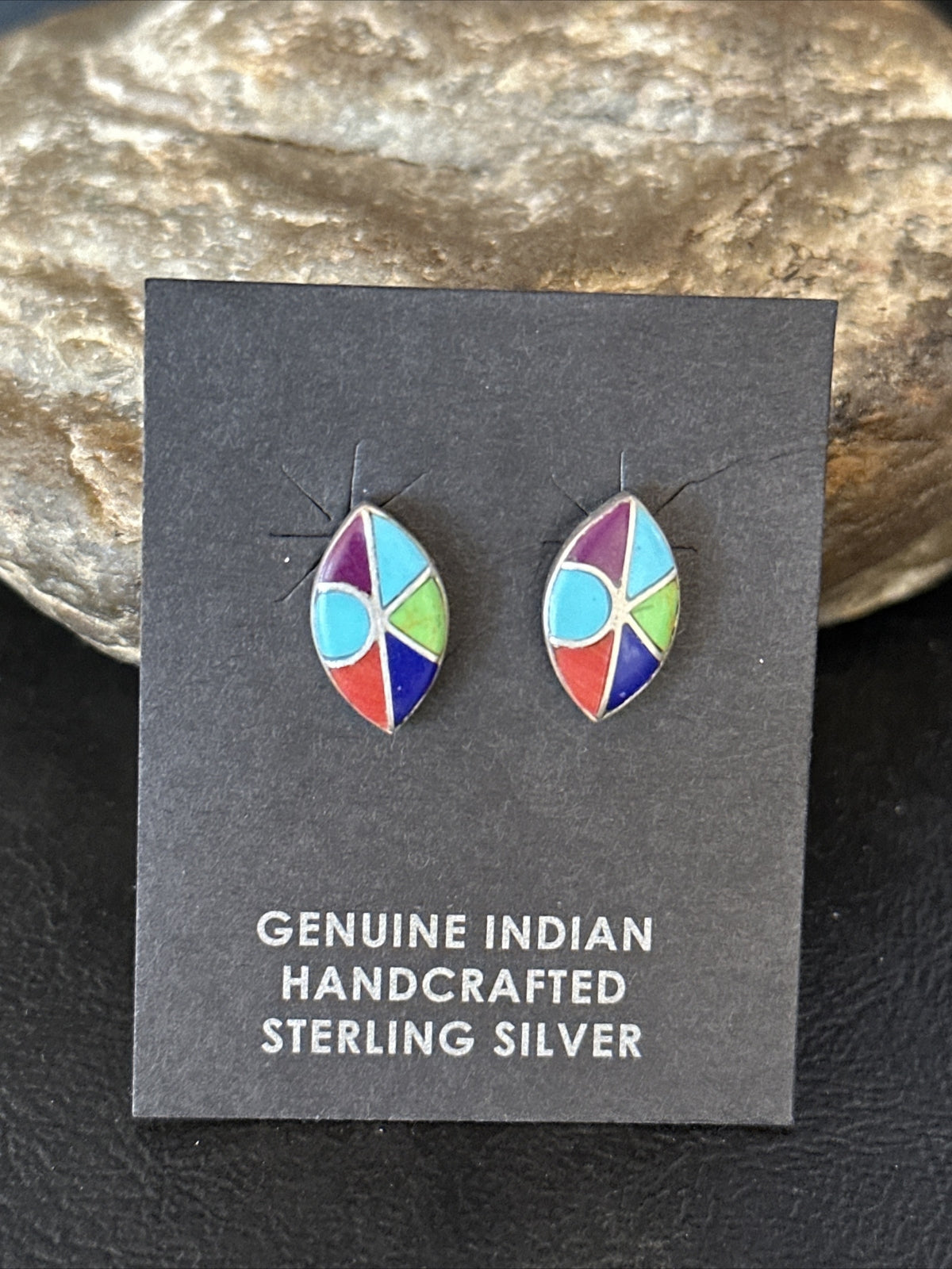 Blue Turquoise & Spiny Oyster Navajo Sterling Silver Inlay Earrings 0.5" 14767