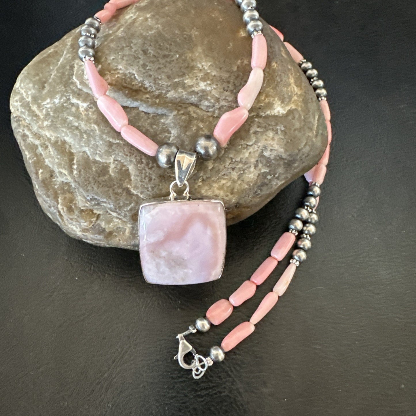 Southwestern Sterling Silver Pink Coral Bead Necklace Quartz Pendant 24" 19591