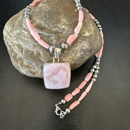 Southwestern Sterling Silver Pink Coral Bead Necklace Quartz Pendant 24" 19591