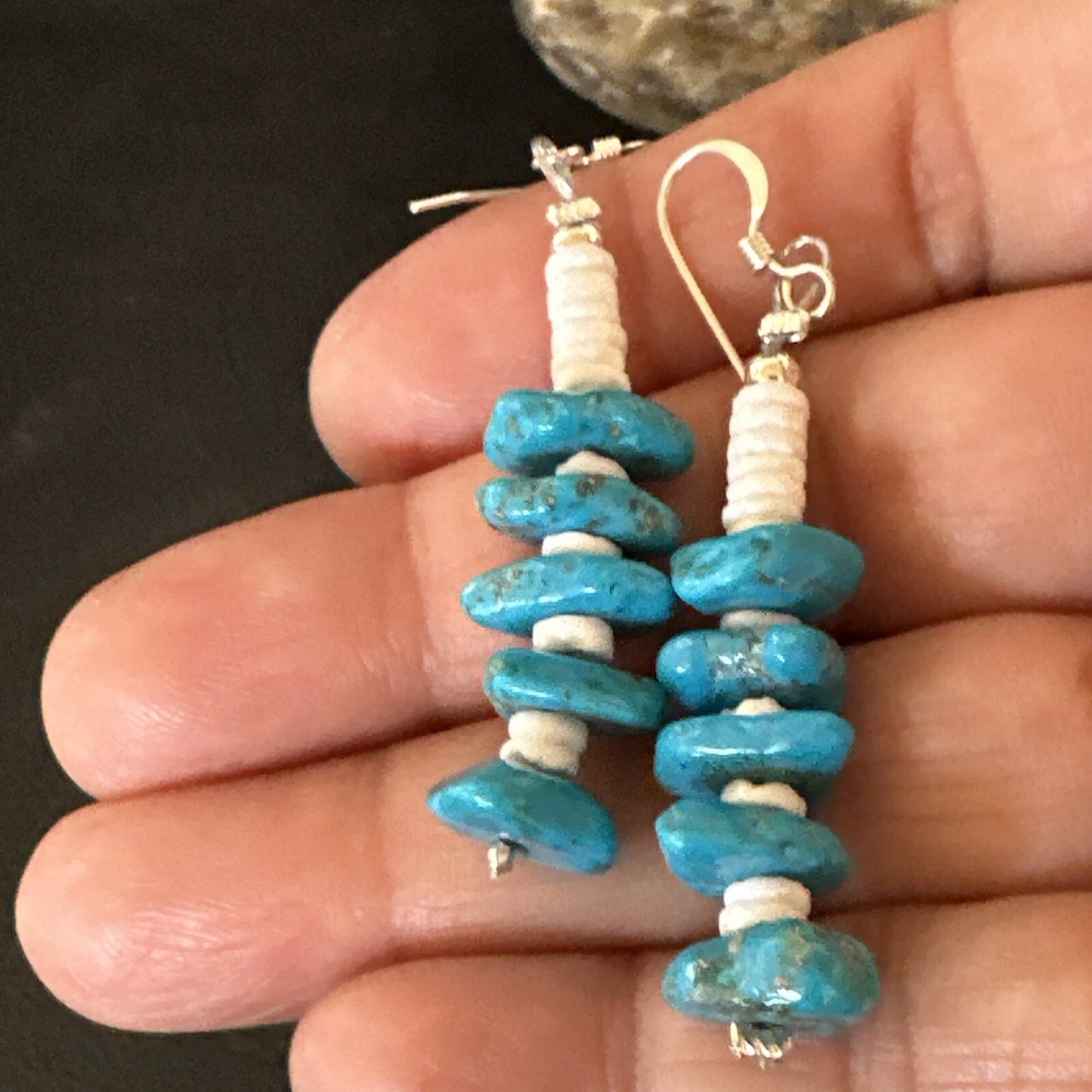 Navajo Blue Kingman Turquoise Nugget Bead Sterling Silver Earrings 17844