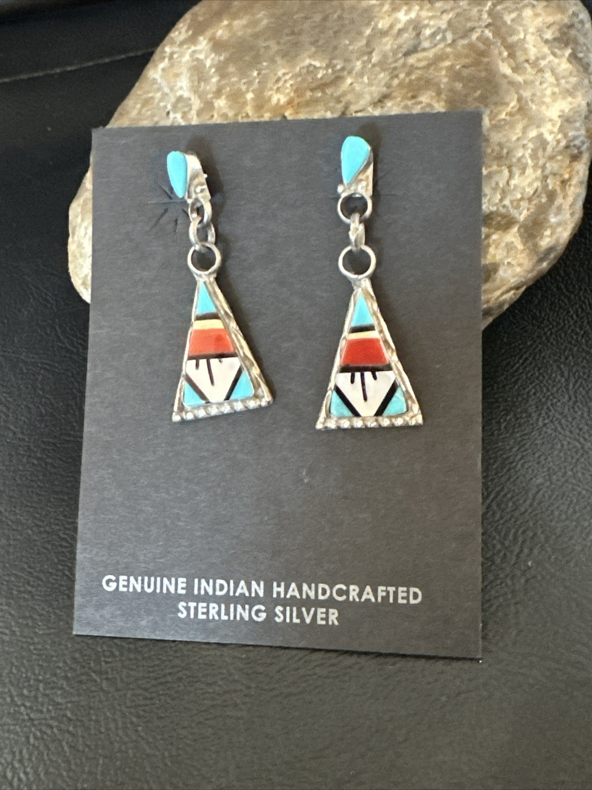 Turquoise Onyx Inlay Zuni Sterling Silver Old Pawn Earrings 00269