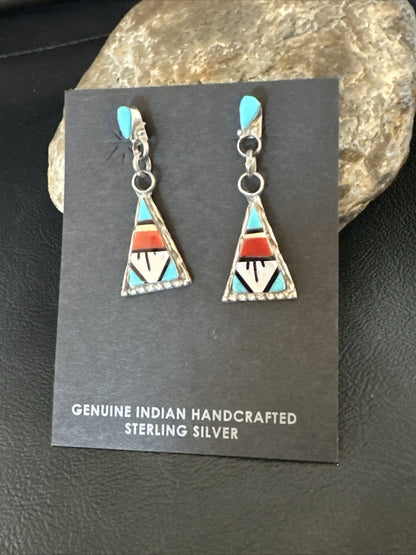 Turquoise Onyx Inlay Zuni Sterling Silver Old Pawn Earrings 00269