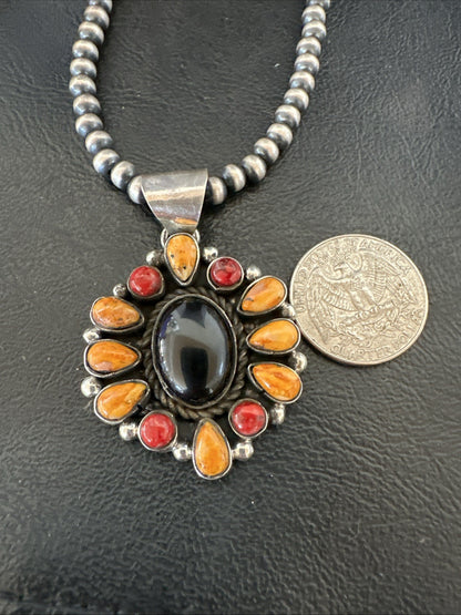 Onyx Coral Orange Spiny Navajo Sterling Silver Cluster Pendant Necklace 19566