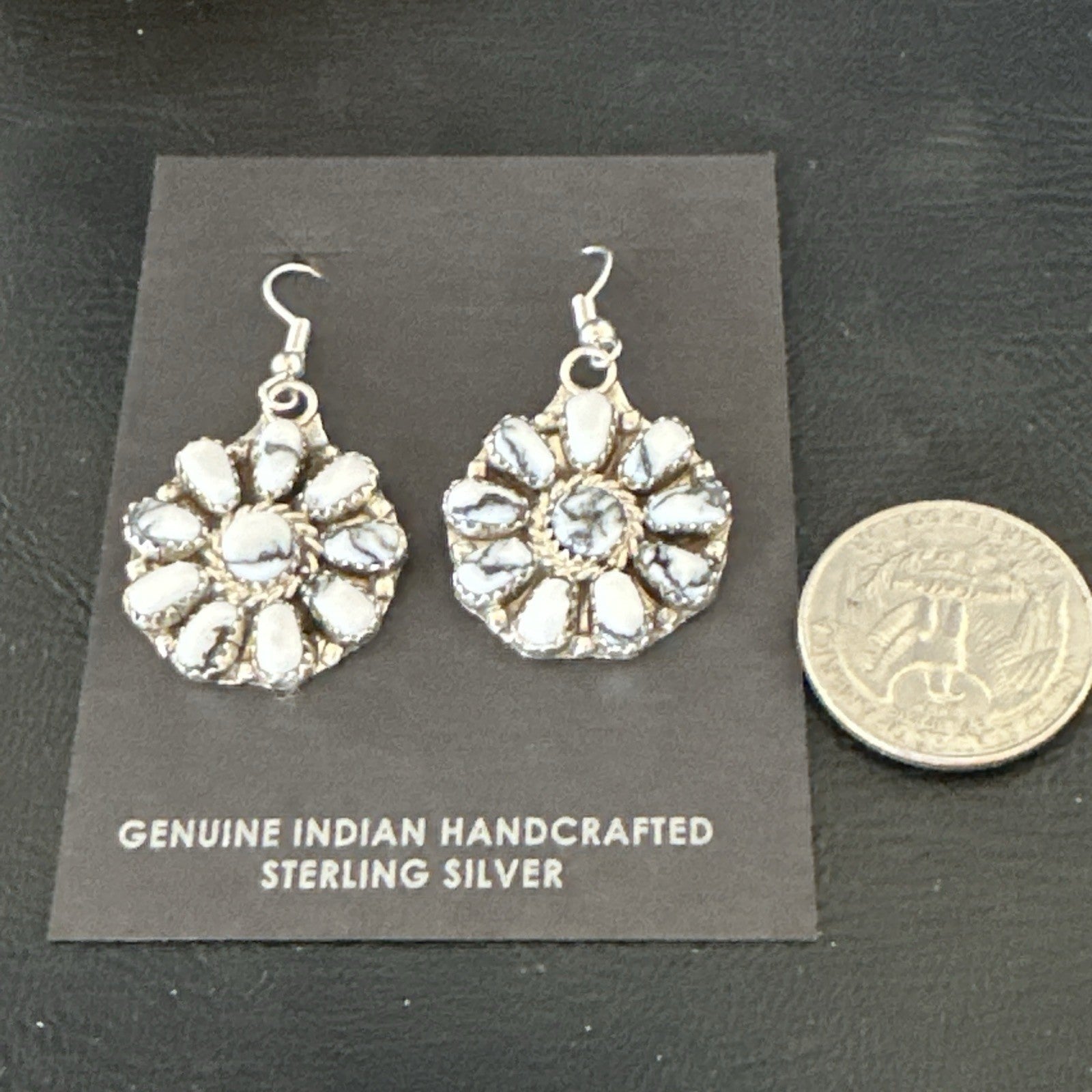 Womens Cluster White Buffalo Navajo Sterling Silver Dangle Earrings 19092