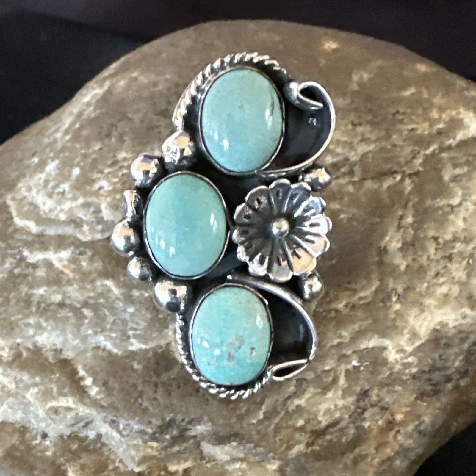 3 Besties Ring Green Turquoise Navajo Sterling Silver Cluster Size 8.5 19158