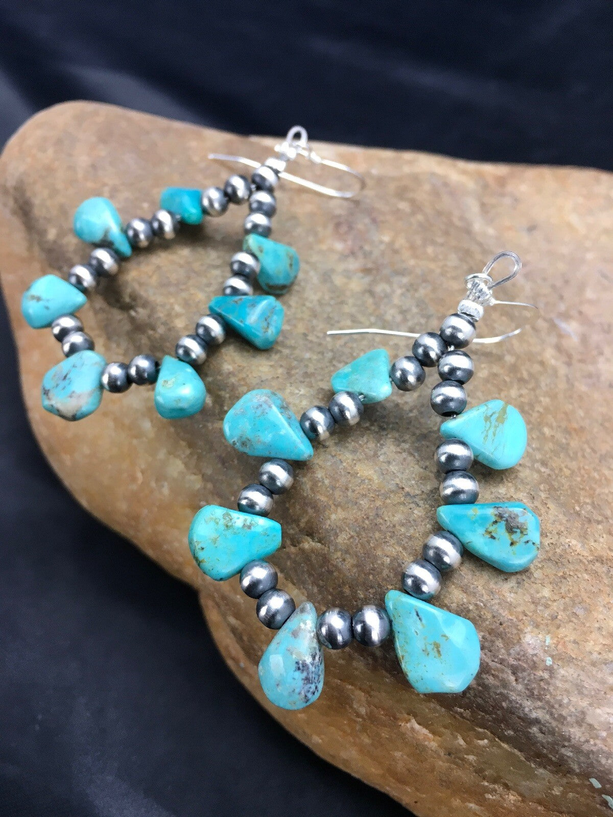 Blue Turquoise Cluster Navajo Sterling Silver Earrings 2" 02971