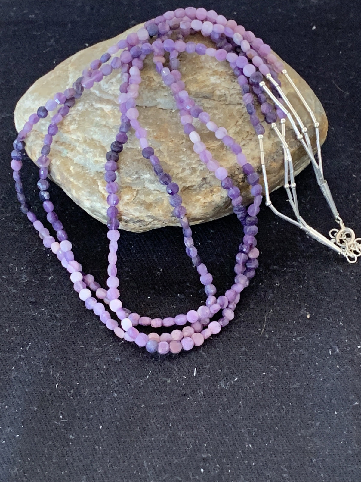 Purple Stone Beads Liquid Heishi 3 Strands Sterling Silver Tubes Necklace 850