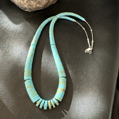 23” Turquoise Heishi Stabilized Graduated Blue Gr Sterling Silver Necklace 19726