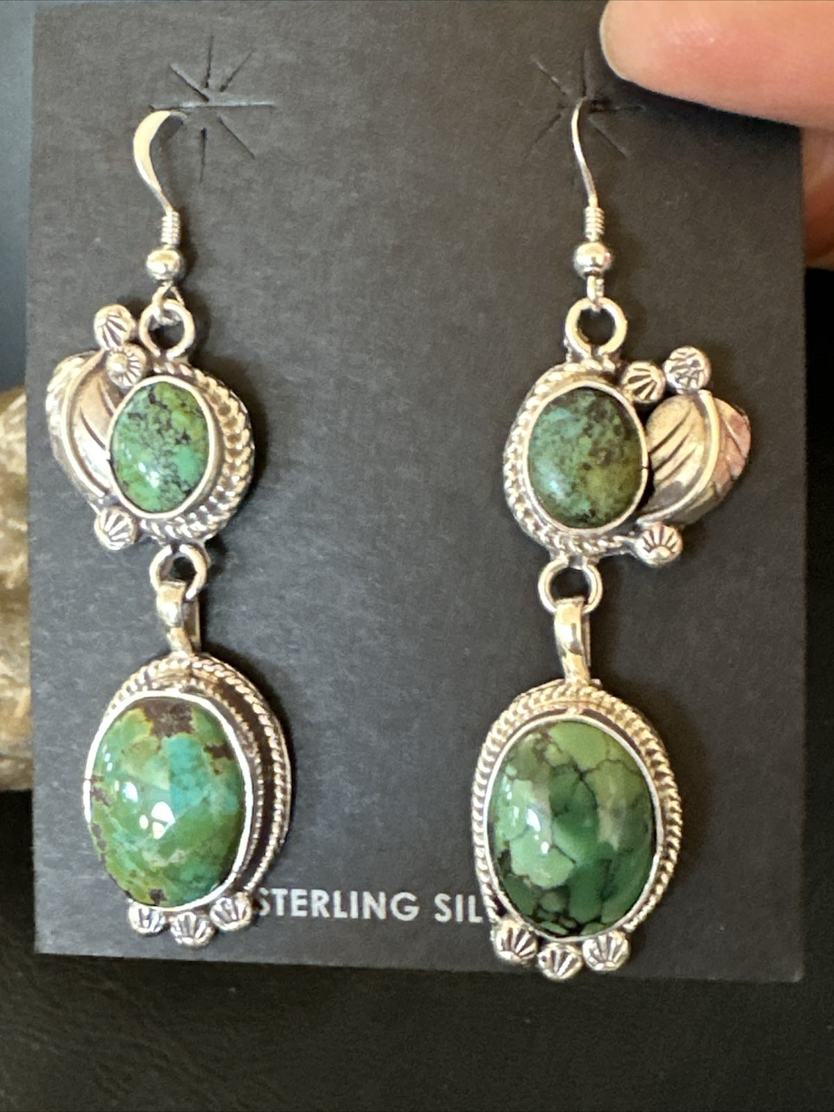Native Navajo Green Turquoise Sterling Silver Dangle Earrings 2” 17696