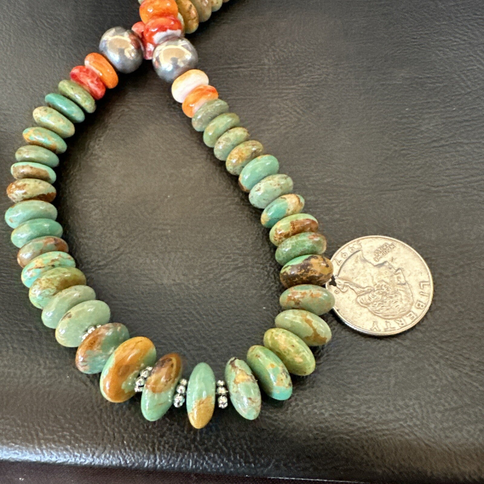 Green Turquoise Spiny Oyster Navajo Pearls Sterling Silver Necklace 18318