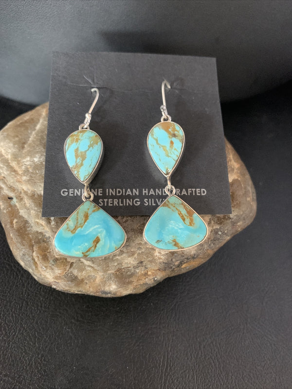 Blue Kingman Turquoise Navajo Dangle Earrings 1.5" | Sterling Silver | Authentic Native American Handmade | 14077