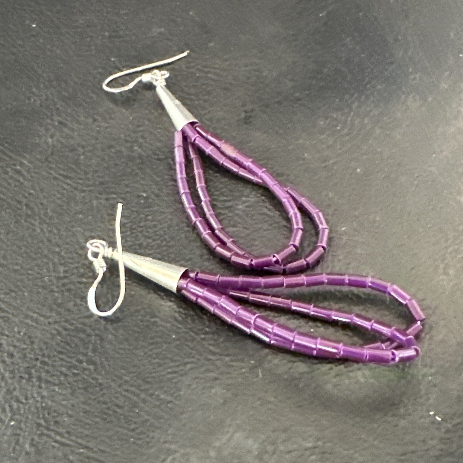 Purple Stone 2 Strands Heishi Sterling Silver Dangle Earrings 17929