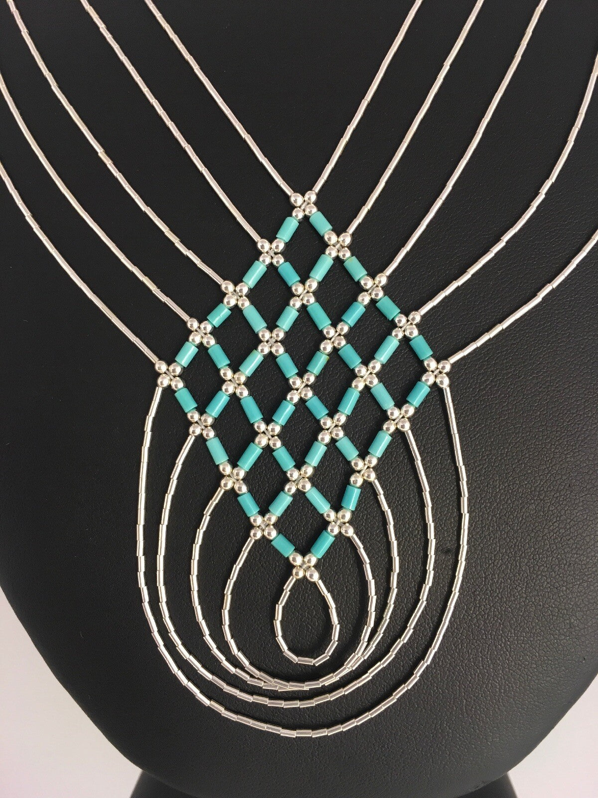 Turquoise Heishi Tubes Pendant 5 Strands Liquid Sterling Silver Necklace 0888