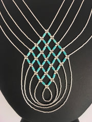 Turquoise Heishi Tubes Pendant 5 Strands Liquid Necklace | Sterling Silver | Authentic Native American Handmade | 0888