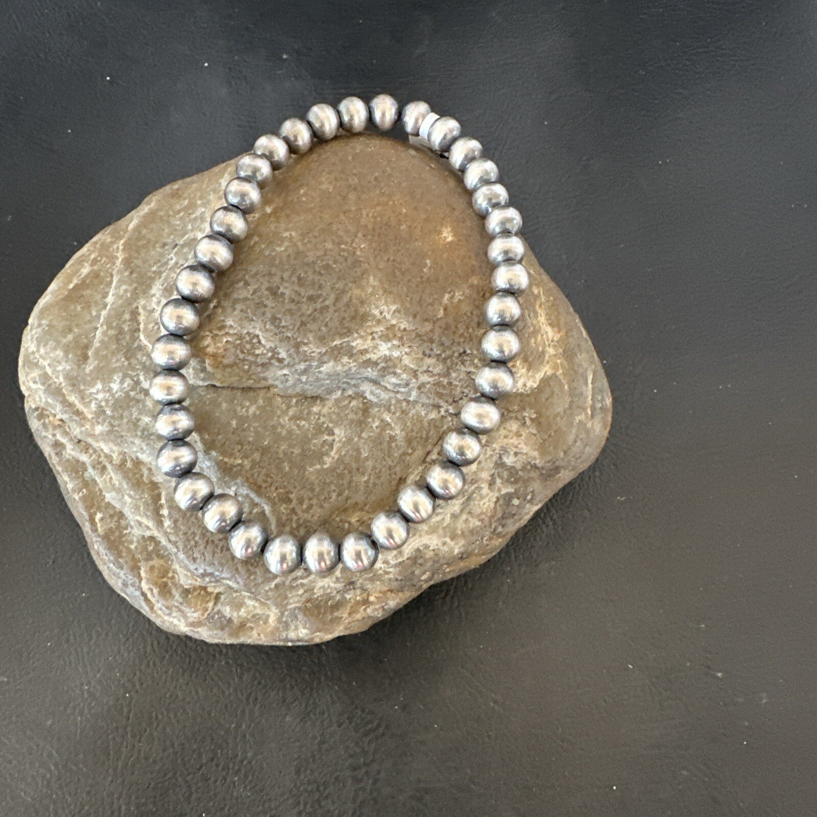 Native American 6mm Beads 8” Sterling Silver Stretch Beads Bracelet 99068
