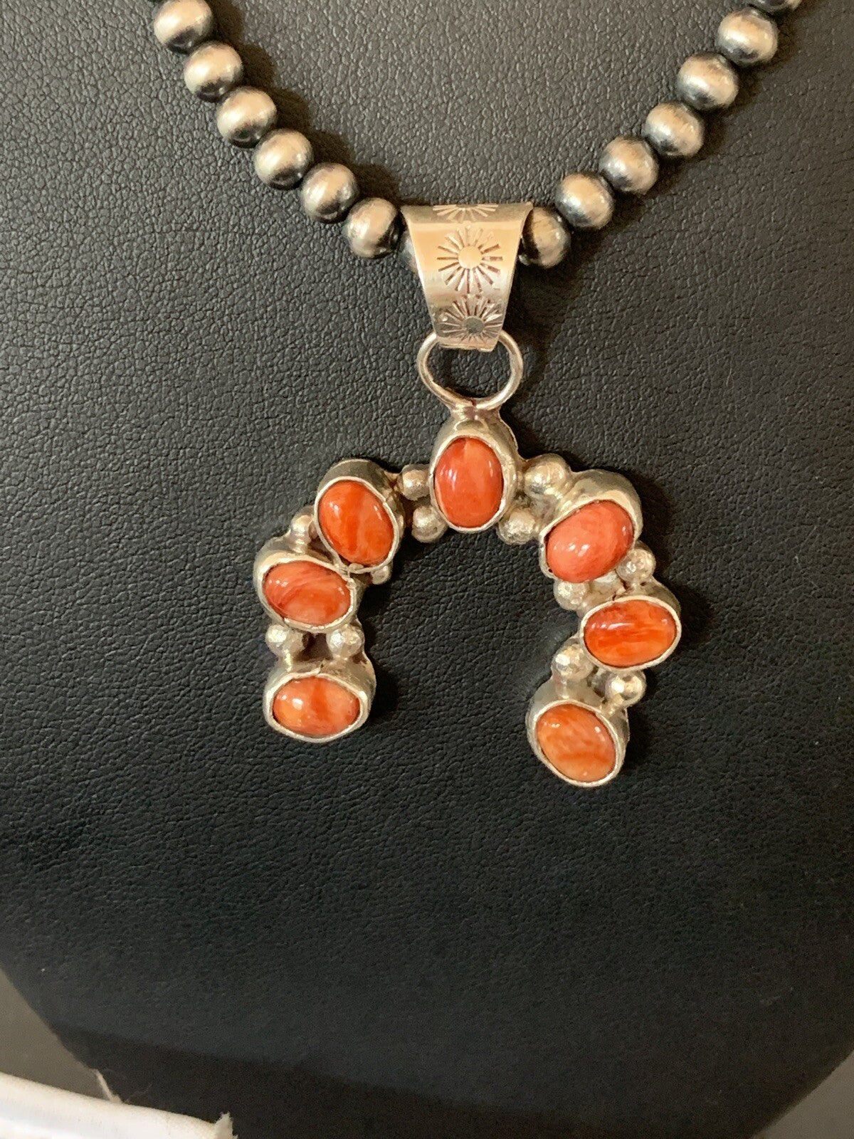 Red Spiny Oyster Naja Pendant Navajo Pearls Sterling Silver Necklace 00326