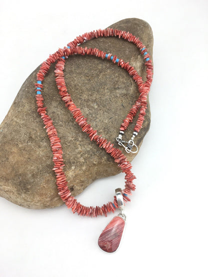 Spiny Oyster Pendant Turquoise Navajo Sterling Silver Beads Necklace 04890