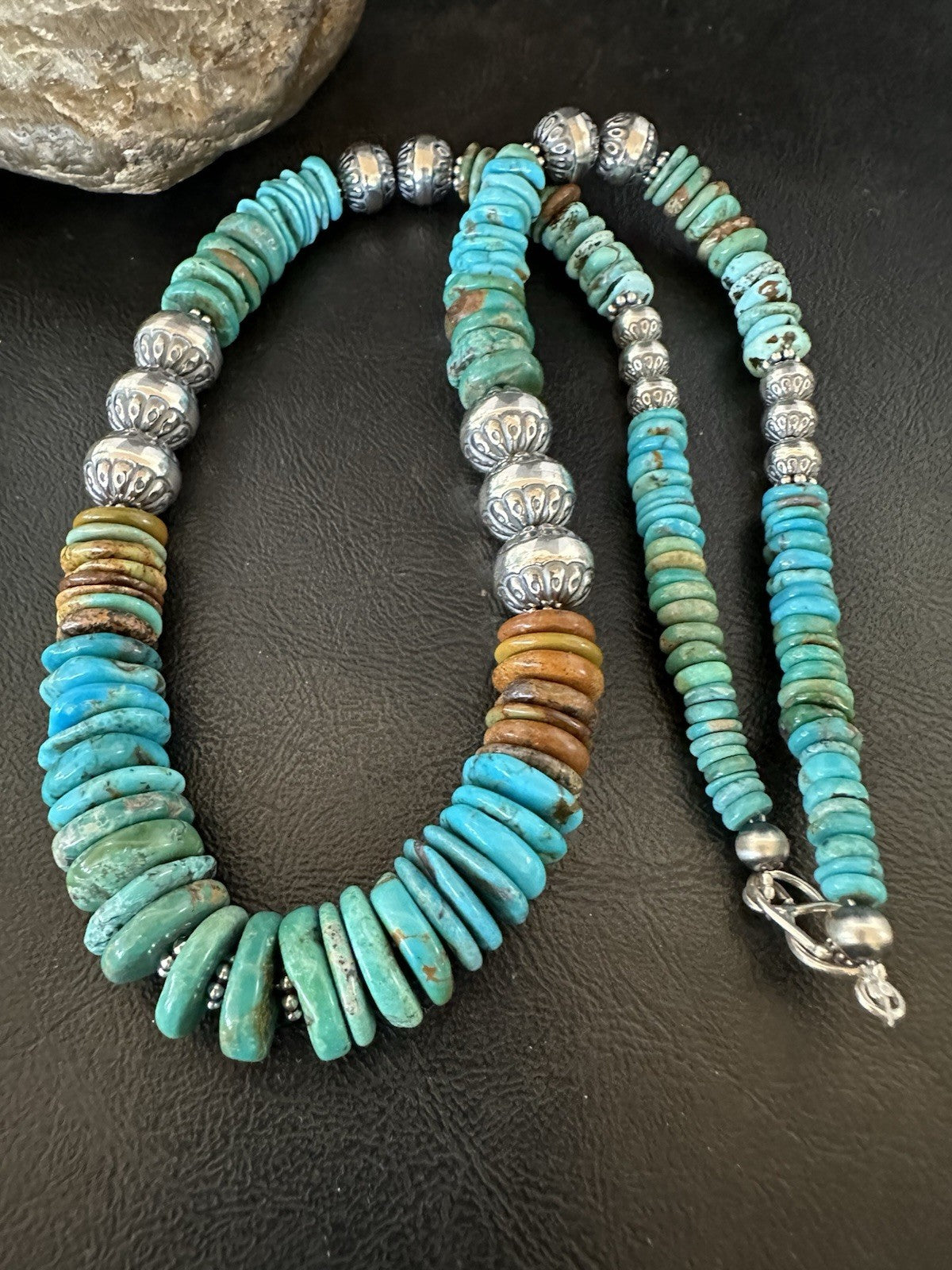 WoMens Blue Green Turquoise Navajo Sterling Silver Necklace 24” 19492