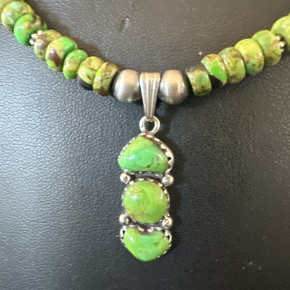 Womens Green Gaspeite Turquoise Pendant Navajo Sterling Silver Necklace 18388