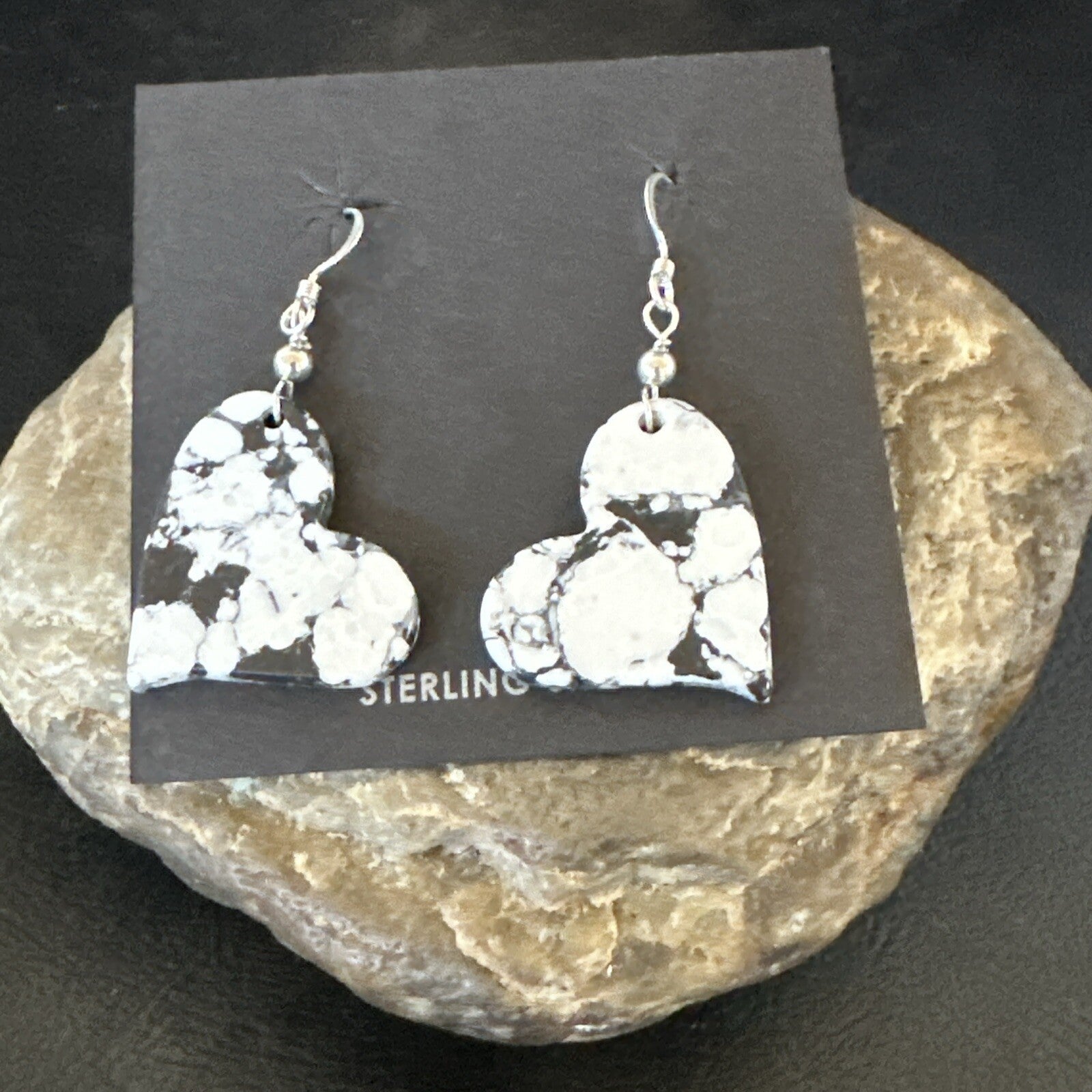Heart Navajo Slab White Buffalo Turquoise Sterling Silver Earrings 17879