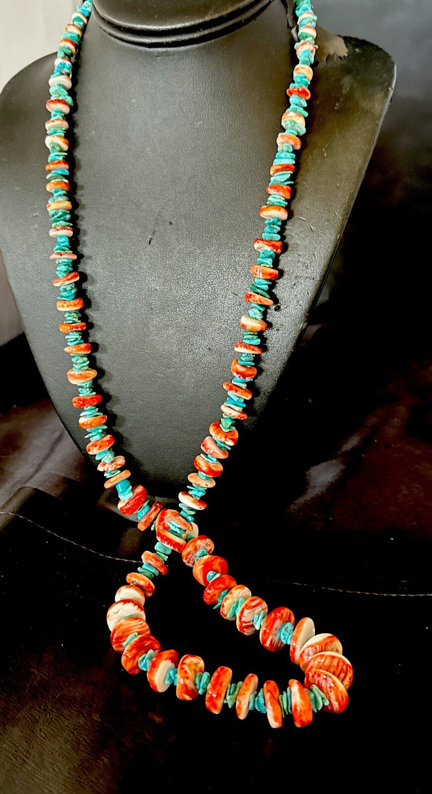 XL Red Spiny Oyster Blue Turquoise Navajo Sterling Silver Necklace 35" 18266
