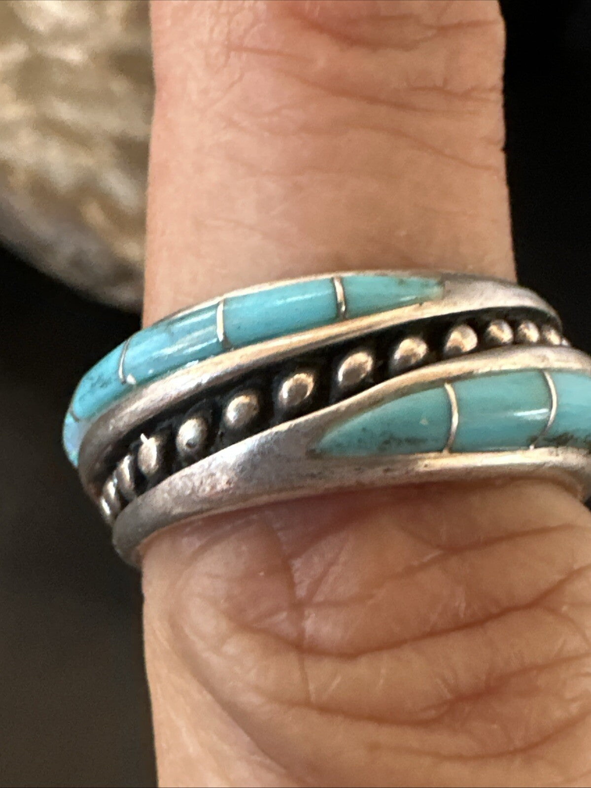 Blue Opal Navajo Sterling Silver Band Inlay Ring Size 7 18807
