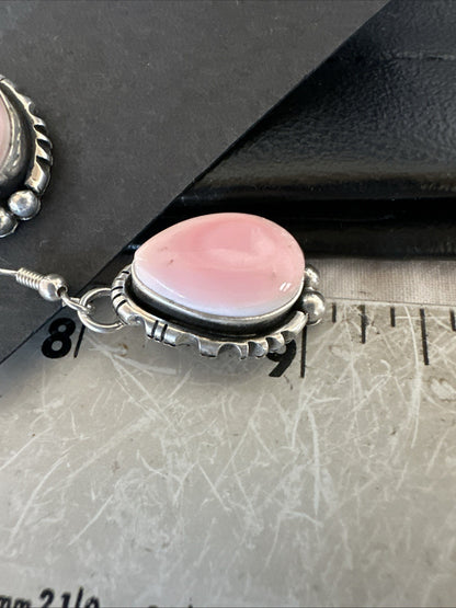 Yazzie Pink Queen Conch Navajo Sterling Silver Dangle Earrings 19324