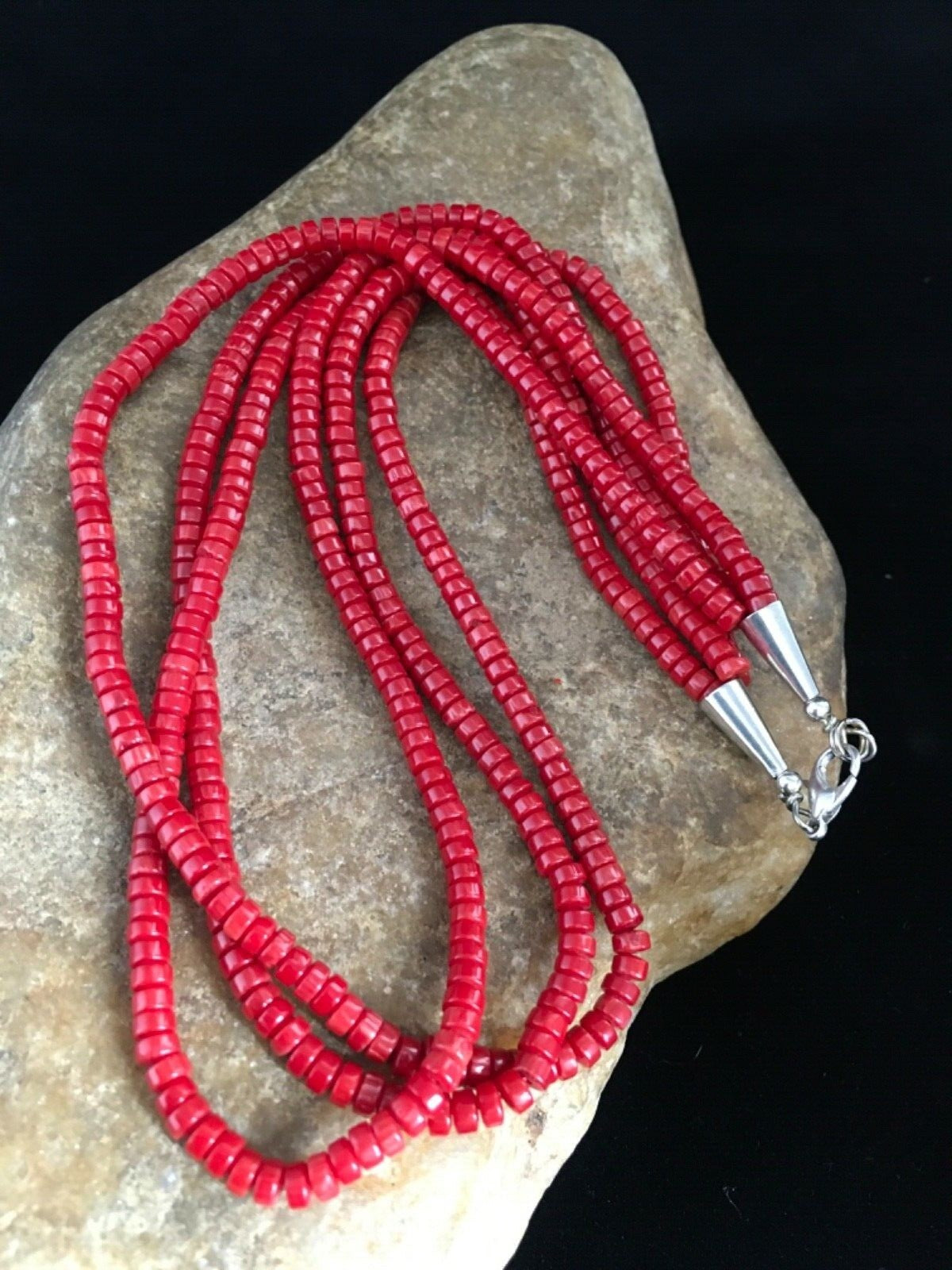 Red Coral Stabilized 3 Strands Navajo Sterling Silver Heishi Necklace 01778