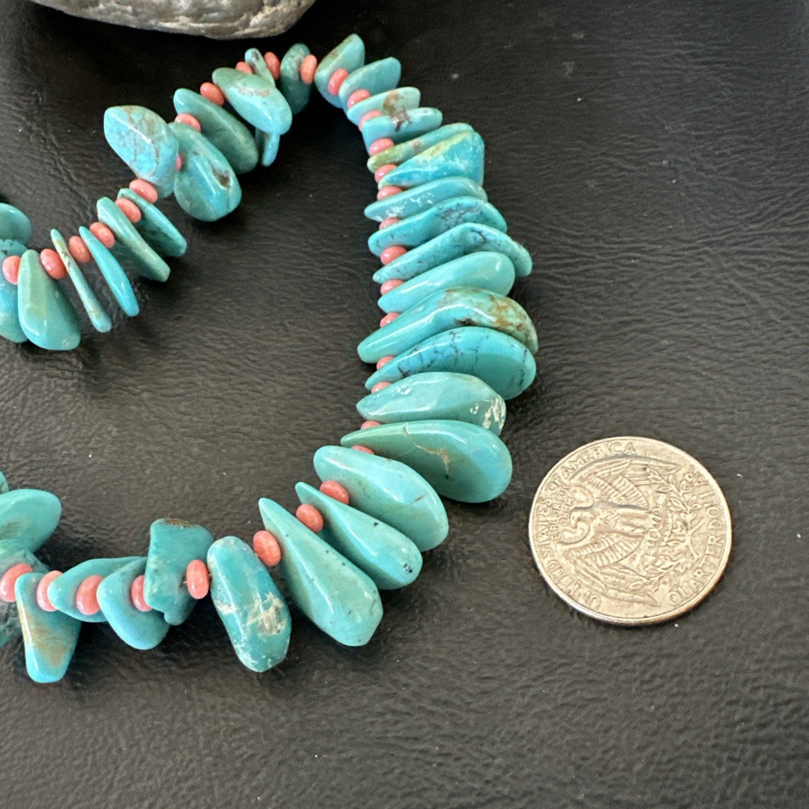 Mens Women Navajo Blue Turquoise Pink Coral Necklace Sterling Silver 28” 19746