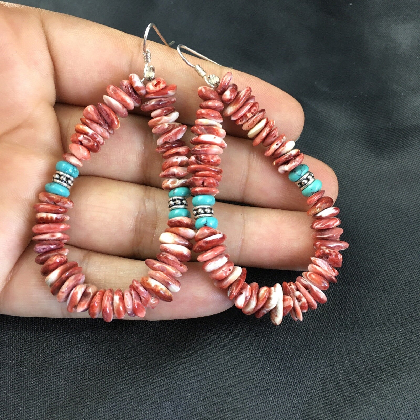 Turquoise & Spiny Oyster Navajo Sterling Silver Earrings 2.25" 01967