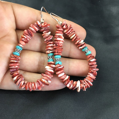 Turquoise & Spiny Oyster Navajo Sterling Silver Earrings 2.25" 01967