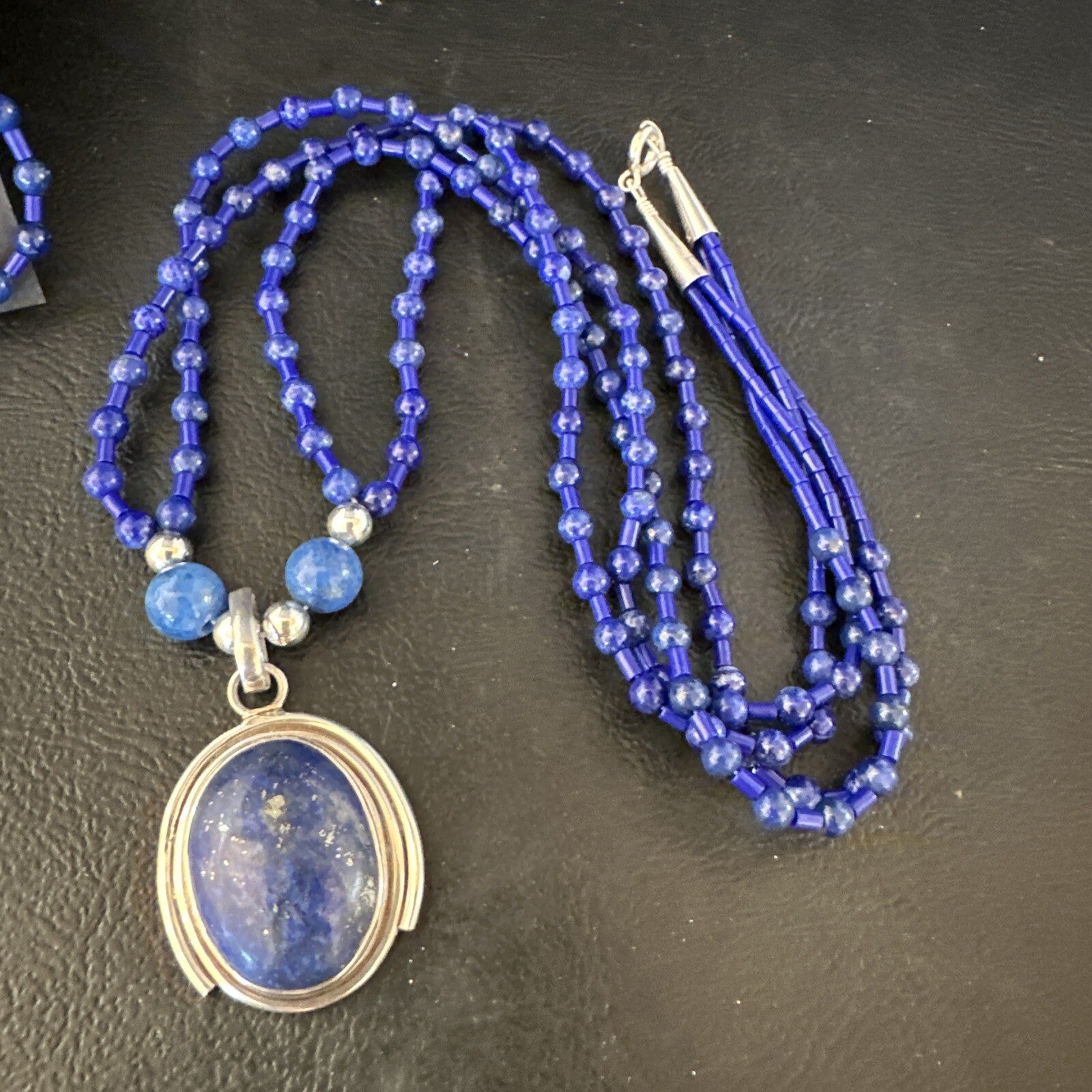 Sterling Silver Navajo Blue Lapis Mens Pendant Necklace Earrings 22” 15539