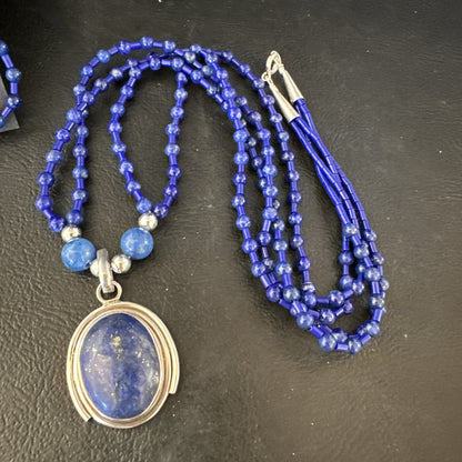 Sterling Silver Navajo Blue Lapis Mens Pendant Necklace Earrings 22” 15539
