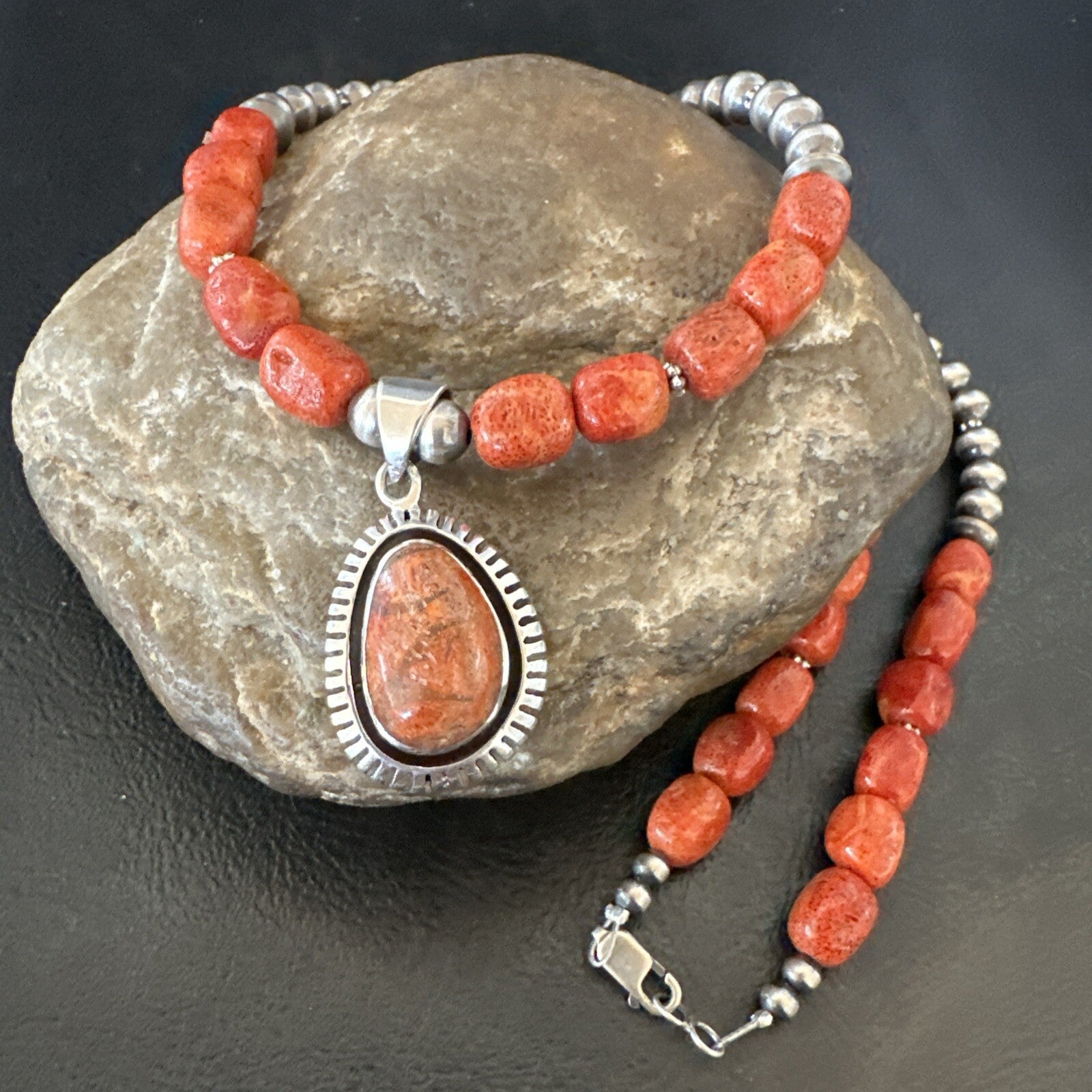 Navajo Pearls Apple Sponge Coral Sterling Silver Necklace Pendant 21” 18683